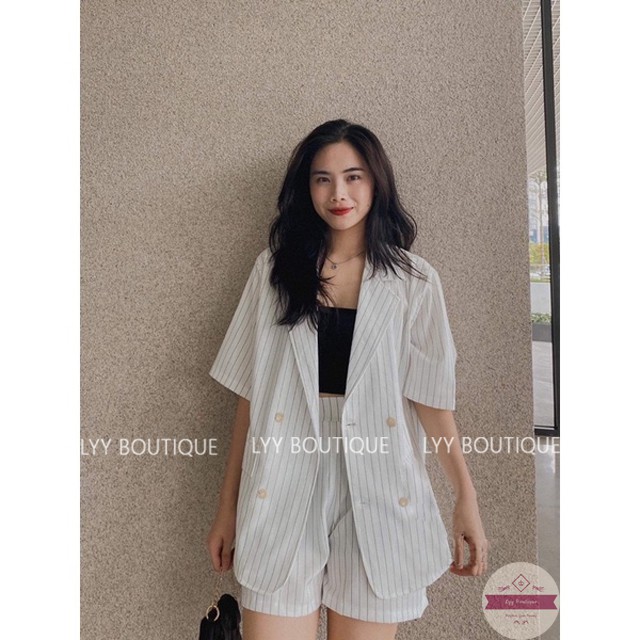 Set Đồ Nữ Áo Blazer Kèm Quần Short Kẻ Sọc Dáng Rộng, Bộ Vest Nữ Kẻ Sọc Lyy Boutique