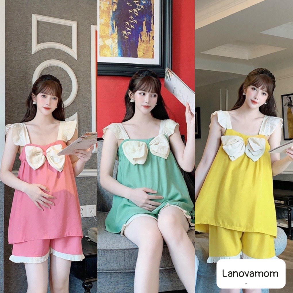 Bộ Đồ bầu và sau Sinh Chất Đũi mềm mát với thiết kế tay cánh tiên đính NƠ trước ngực xinh xắn BĐ868