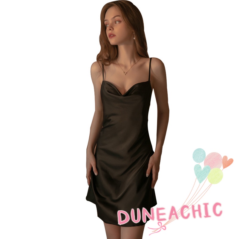 DUNEA Đầm Ngủ Satin Hai Dây Hở Lưng Gợi Cảm Cho Nữ