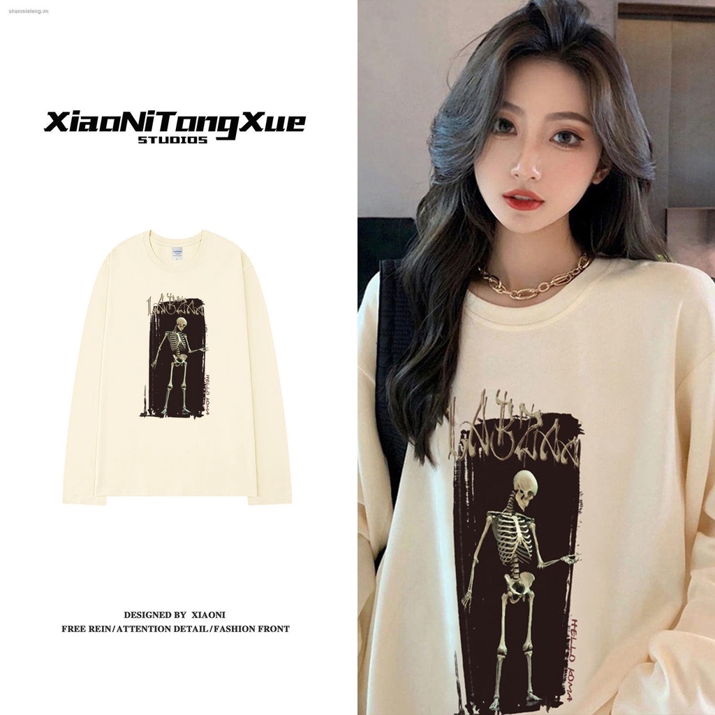Áo thun tay dài dáng rộng in hình đầu lâu phong cách hiphop thời trang cho nữ