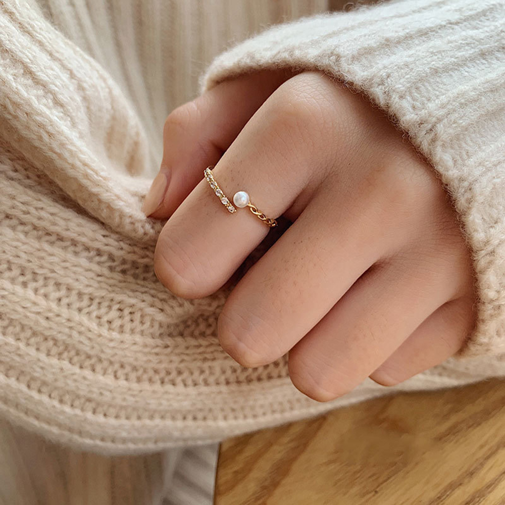 Cod Qipin Korean Elegant Silver Color Pearl Rhinestone Opening Adjustable Finger Index Rings Causal Jewelry