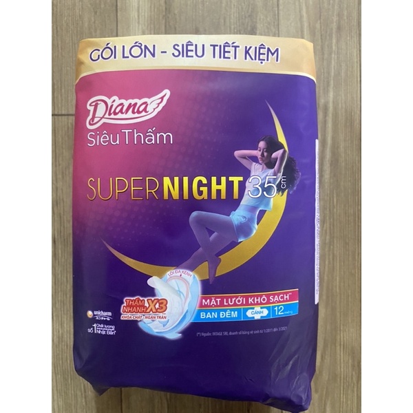 GÓI LỚN Băng vệ sinh Diana siêu thấm Supernight 35cm 12 miếng/gói MẪU MỚI
