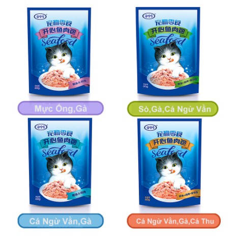 Pate Happy Akachan Cá Ngừ,Gà,Sò,Mực Ống Nhuyễn Mịn Gói 60g cho mèo