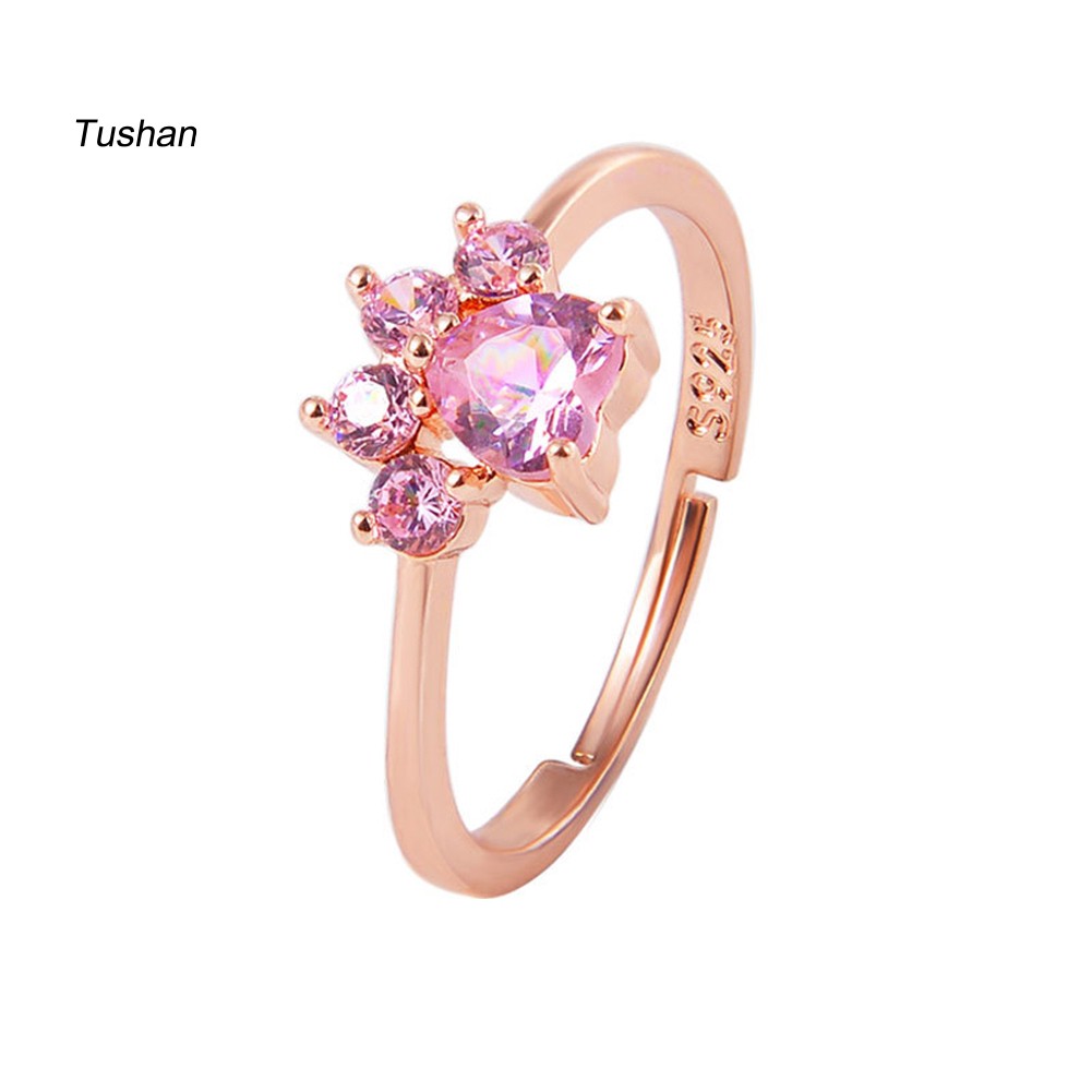 Nhẫn Đính Đá Zircon Hình Dấu Chân Mèo / Trái Tim Có Thể Điều Chỉnh Cho Nữ