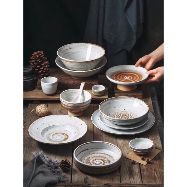 Bộ bát đĩa lẻ gốm Nhật rustic dày dặn vân xoáy - Bộ bát đĩa cao cấp