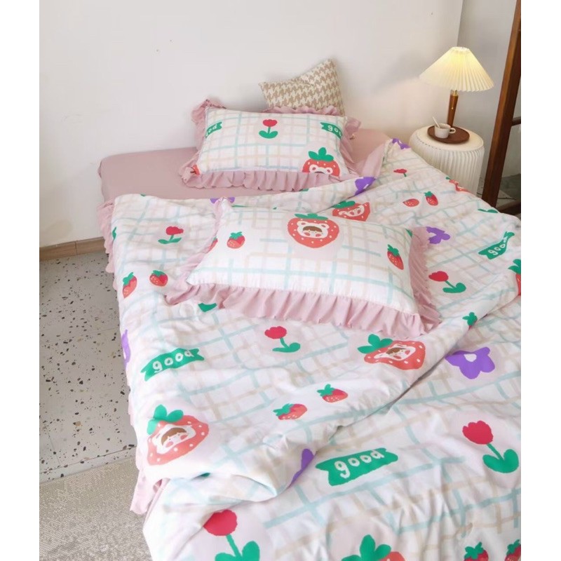 Sét hè cotton đũi chăn trần bông phối bèo ngắn cao cấp Hàn Quốc( tặng kèm vỏ ôm cùng bộ m6)