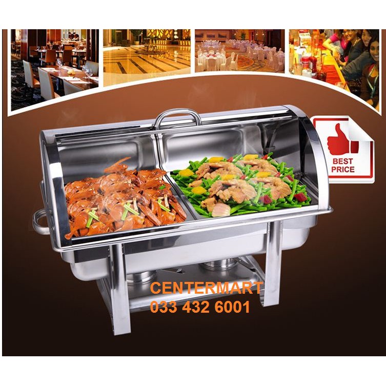 Nồi hâm buffet nắp vòm trượt, inox dầy bóng, chân hàn liền đun cồn hoặc điện