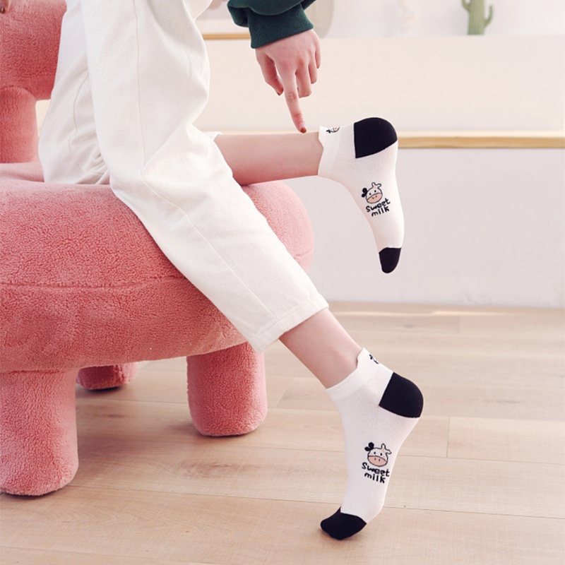 XIXI Set 5 Đôi Tất Cotton Cổ Thấp In Họa Tiết Bò Sữa Hoạt Hình Thời Trang Mùa Hè Cho Nữ