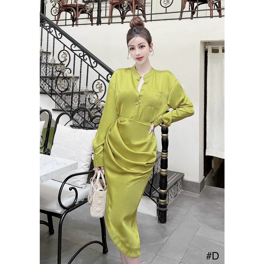 Sét 2da gồm áo sơ mi cổ tàu kết hợp chân váy rúm sườn siêu xinh