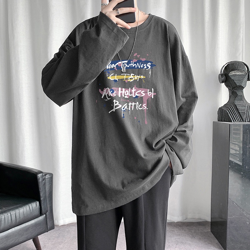 【M-5XL】Áo thun tay dài cổ tròn dáng rộng in chữ thiết kế đơn giản thoải mái thời trang mùa đông Nhật Bản cho nam