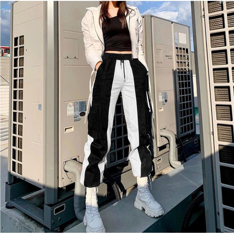 Quần thể thao ghép trắng đen lai chun co giãn cá tính HQD52 Hỉn Hỉn Store