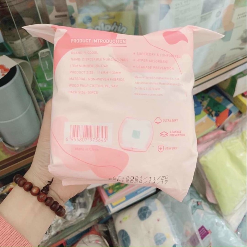 Miếng Lót Thấm Sữa VCOOL CAO CẤP 50 Miếng Siêu Chống Thấm, Chống Tràn, An Toàn, Tiết Kiệm