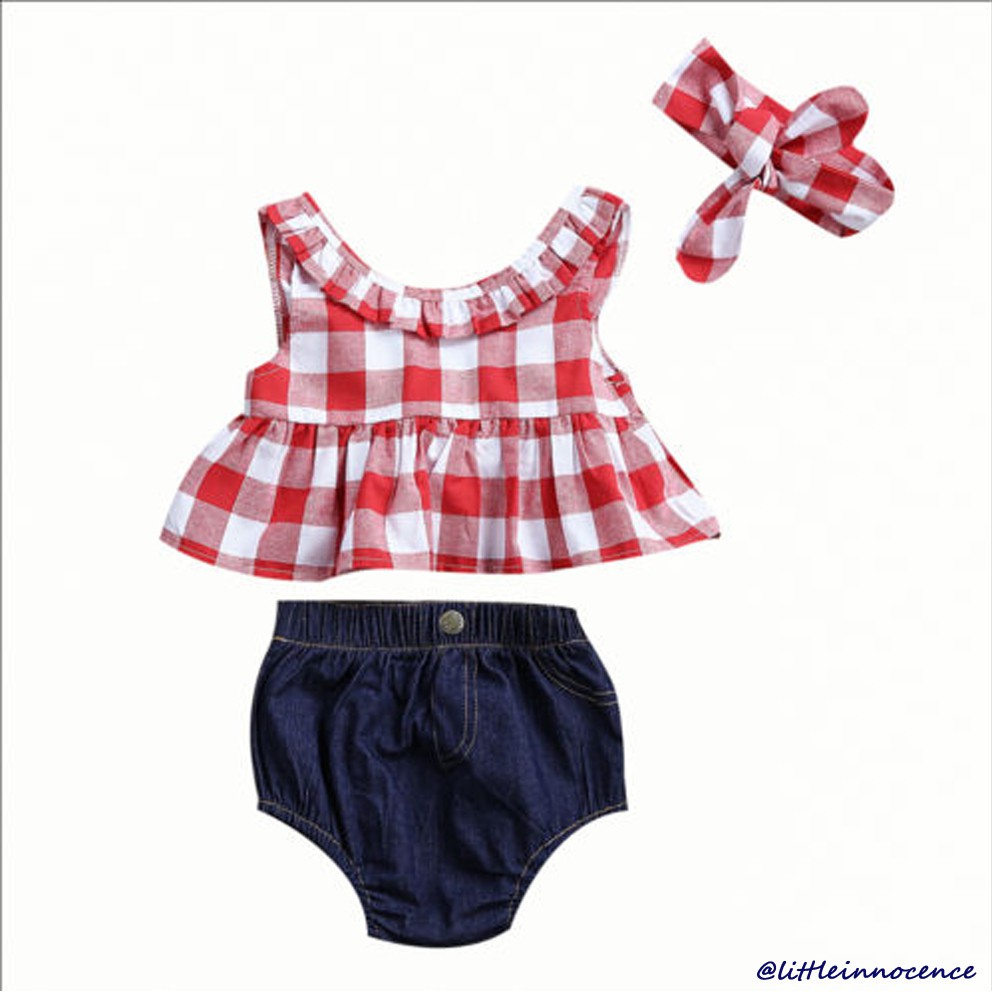 ❤XZQ-3pcs Toddler Baby Girl Plaid Ruffled Tops+Denim Shorts+Headband Summer Outfits