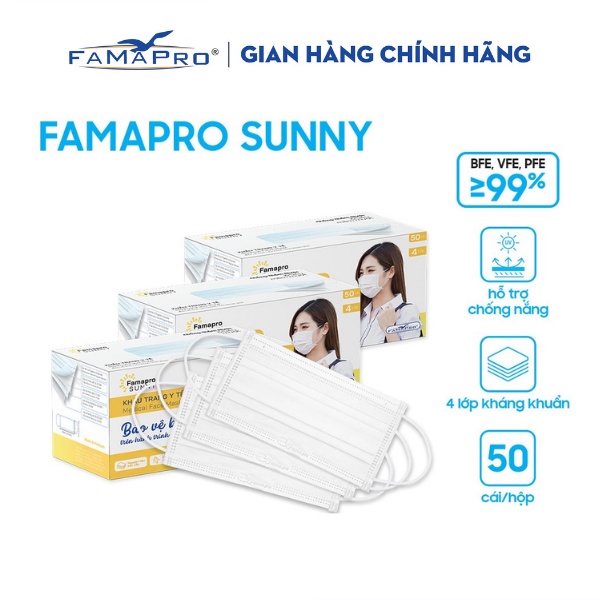 [SUNNY- COMBO 3- HỘP 50 CÁI] Khẩu trang y tế kháng khuẩn 4 lớp Famapro Sunny (50 cái/ hộp)