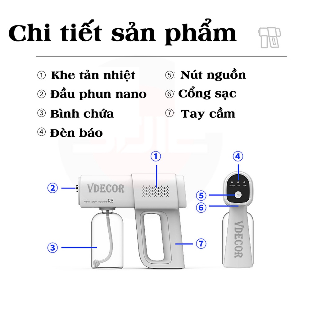 Máy Khử Khuẩn Vdecor cầm tay phun cồn khử khuẩn có tích pin có thể di chuyển tiện lợi