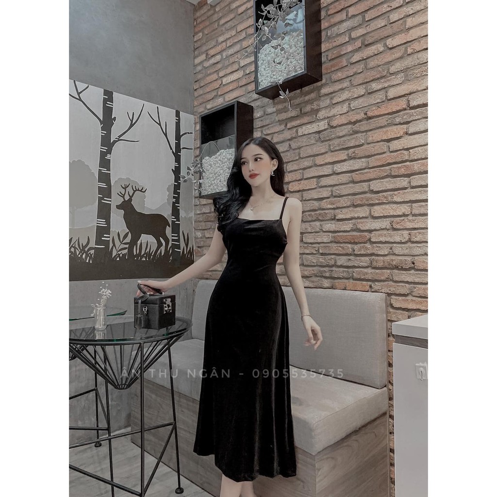 Váy nhung hai dây xoè khoét lưng sâu siêu đẹp l1, đầm nữ sexy sang chảnh siêu xinh