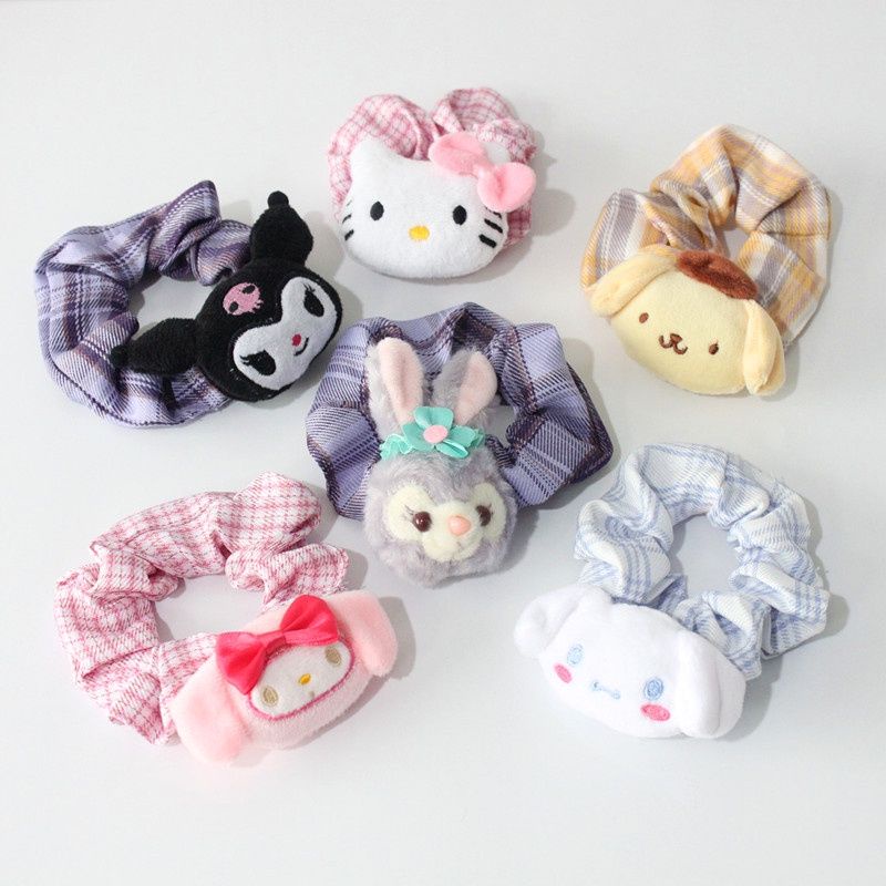 Dây Cột Tóc scrunchies Vải Mềm sọc caro Hình Cinnamoroll Kuromi Stella Lou dễ thương