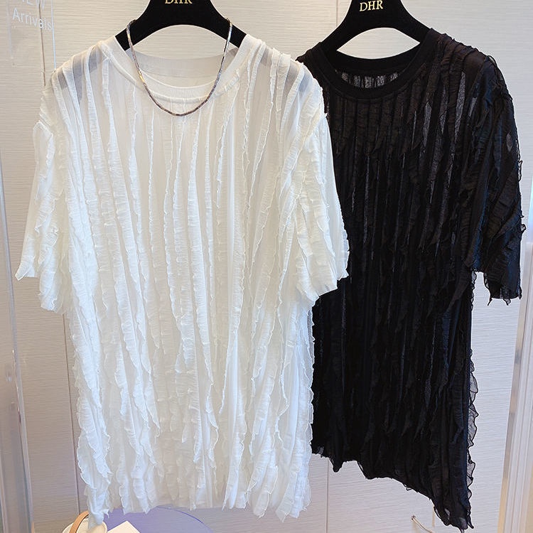 Áo Thun Tay Ngắn Dáng Rộng Viền Ren Bèo Phong Cách Hàn Quốc Thời Trang Mùa Hè Hàng Mới 2022