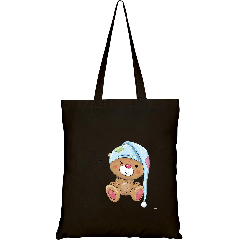 Túi vải tote canvas HTFashion in hình sleeping cute teddy bear hood HT538