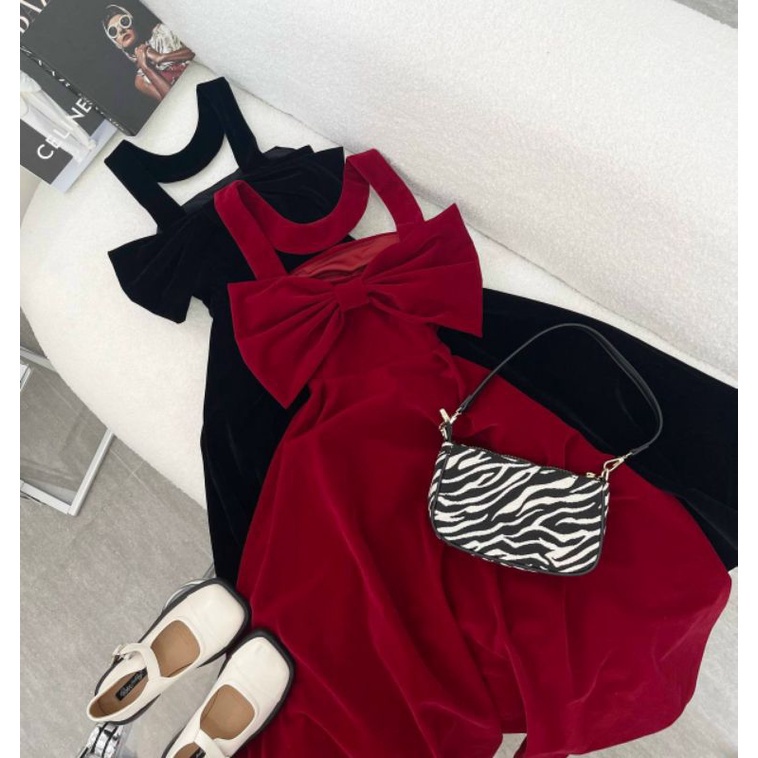 Đầm dự tiệc dáng xòe dây cổ nơ lưng vải nhung Kana Dress
