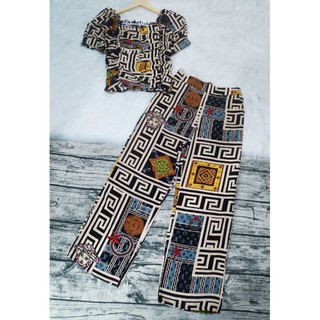 Set bộ thổ cẩm cổ vuông tay phồng nhún ống rộng 40-60kg