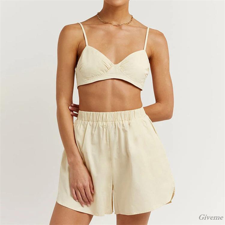 Set Đồ 3 Món Gồm Áo Hai Dây Màu Trơn/Áo Ngực/Quần Short Lưng Thun Cho Nữ