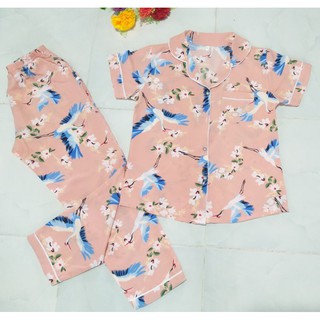 sỉ, lẻ bộ pijama lụa thái quần dài tay ngắn hình hoa hạc