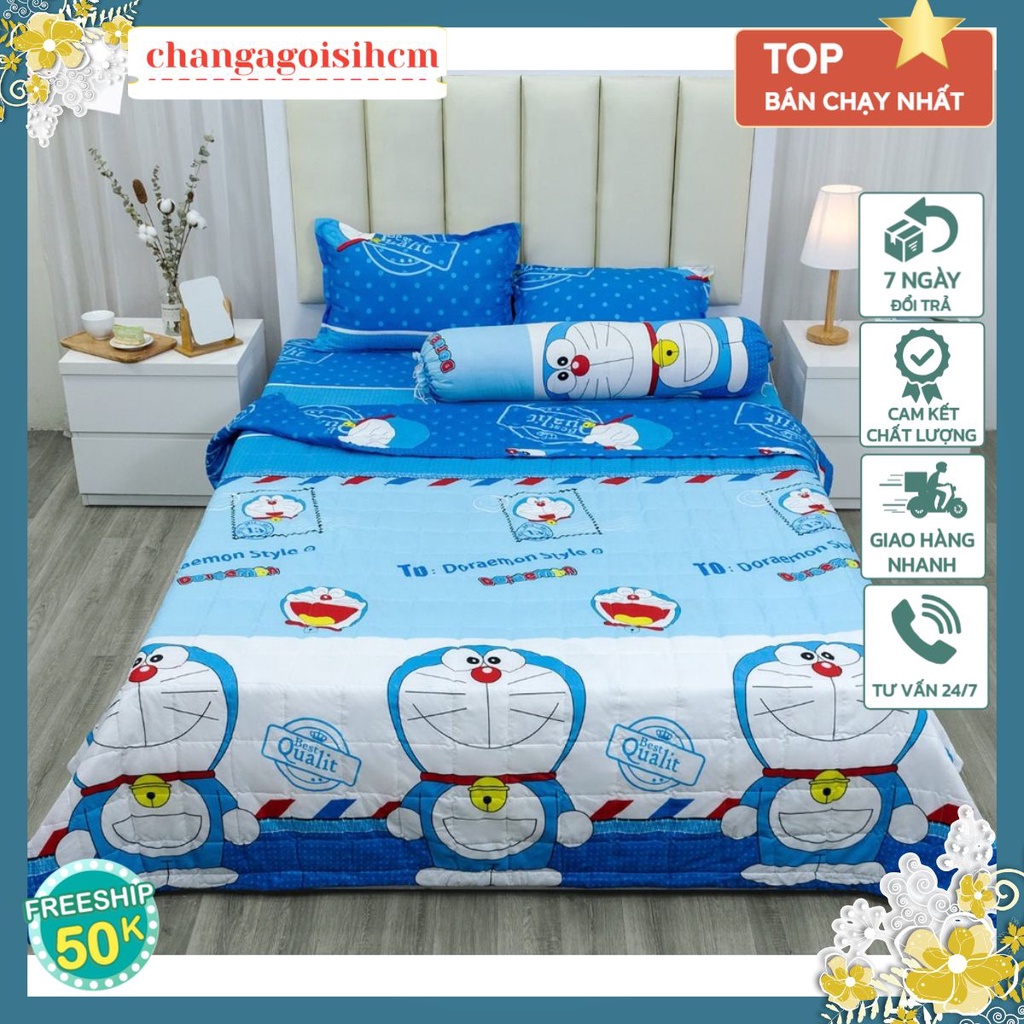 Bộ ga gối 1m2/1m4/1m6,gồm 1 ga chun kèm 2 vỏ gối nằm-MẪU DOREMON TEM THƯ