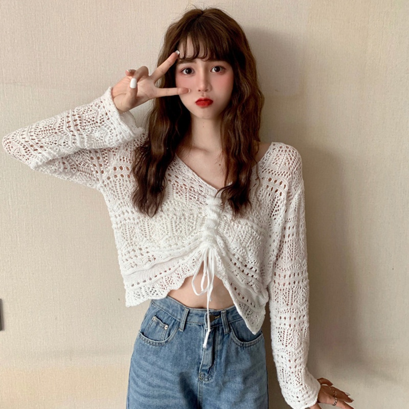 Áo Kiểu Tay Dài Phối Dây Rút Phong Cách Hàn Quốc Trẻ Trung Cho Nữ