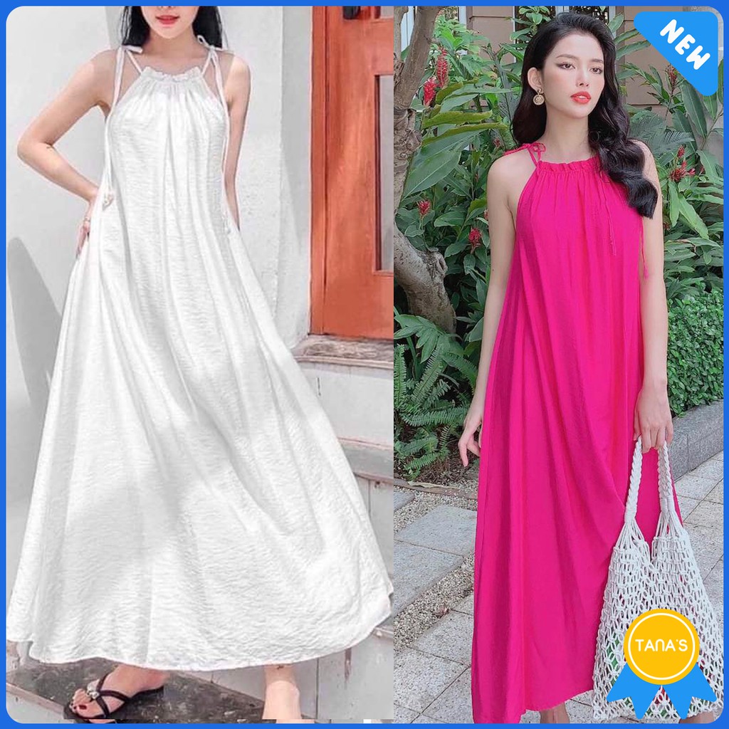 Đầm maxi cổ yếm buộc nơ, chất liệu lụa xước cao cấp