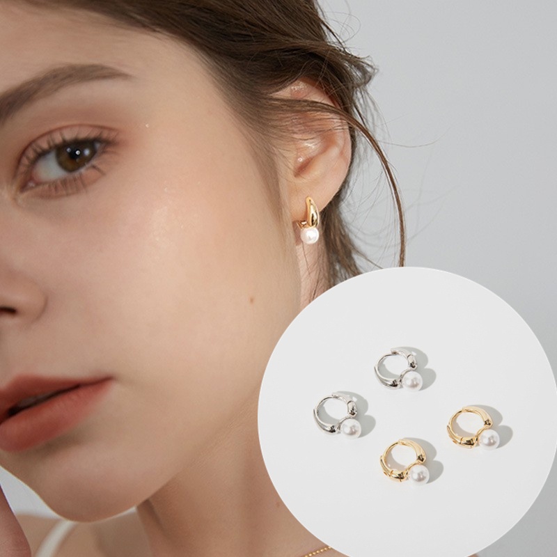 Bông tai kim loại hình tròn đính ngọc trai giả phong cách cổ điển cho nữ