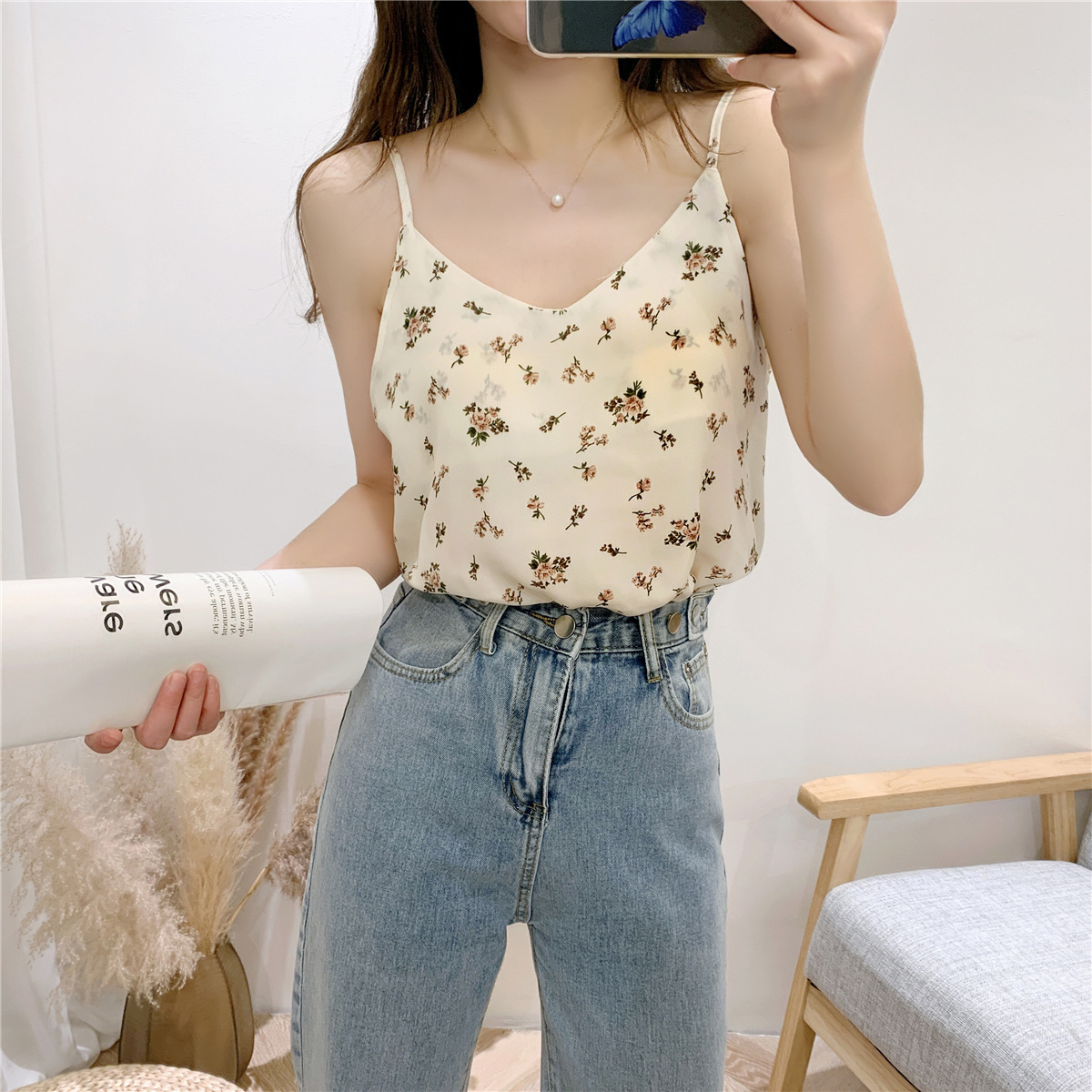 áo hai dây kiểu hàn áo 2 dây nữ áo kiểu áo hai dây croptop hoa nhí áo voan nữ ulzzang áo kiểu nữ đẹp hàn quốc áo tiểu thư áo kiểu