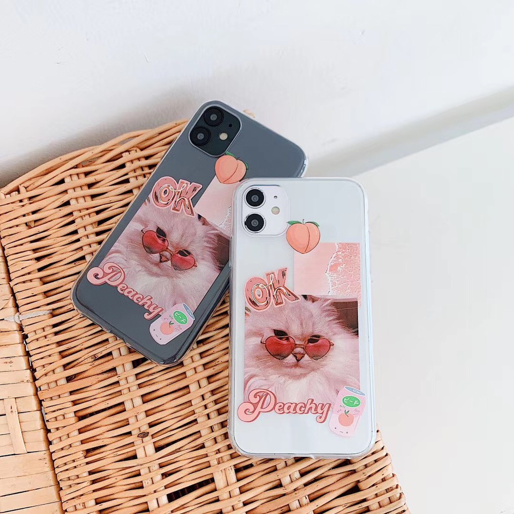 Ốp điện thoại TPU trong suốt họa tiết chú mèo & trái đào dễ thương cho iPhone 7Plus 8+ X XR XS max 11 11Promax SE2020 | BigBuy360 - bigbuy360.vn