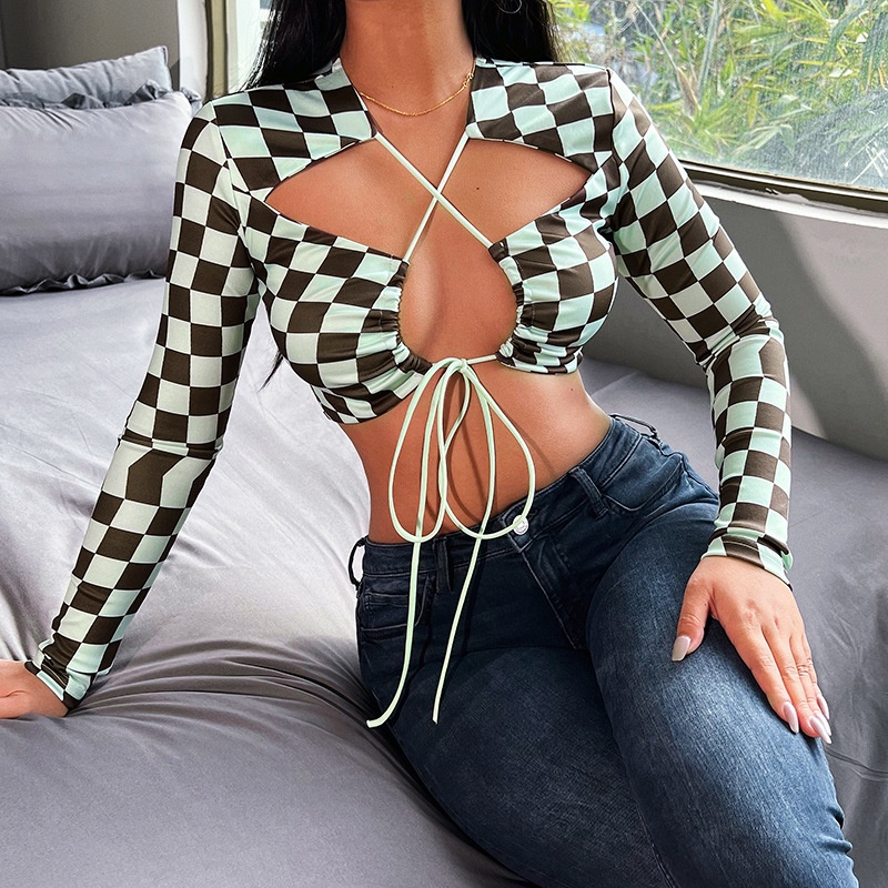 Áo Croptop Cột Dây Họa Tiết Kẻ Sọc Caro Gợi Cảm Cho Nữ D0318