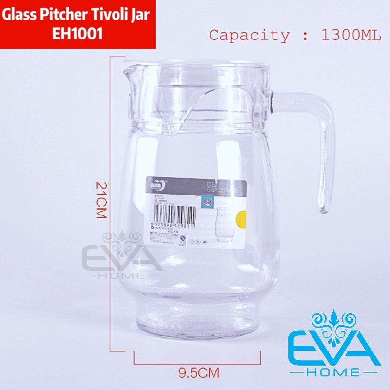 Bình Thuỷ Tinh Đựng Nước 1.6L Quai Cầm Miệng Rót Bầu EH1001 Glass Pitcher Tivoli Jar 1600 ML