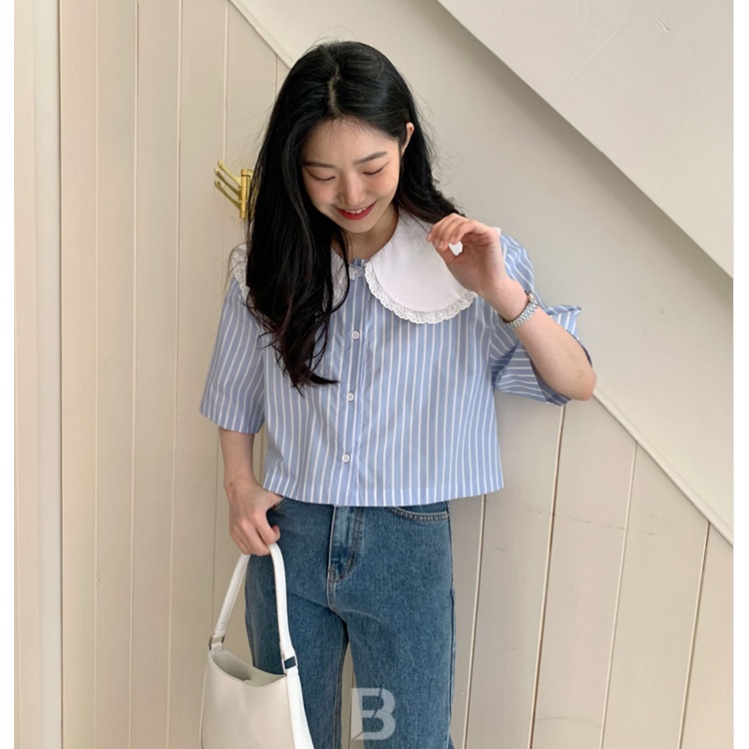 Áo sơ mi SUXI ngắn tay cổ búp bê họa tiết kẻ sọc màu trơn phong cách Hàn Quốc thời trang mùa hè cho nữ