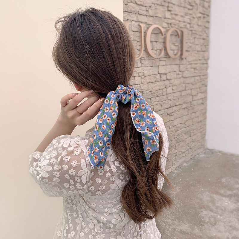 Scrunchie Cột Tóc Vải Xanh Dương Hoa Cúc Retro 3 Kiểu Xinh Đẹp