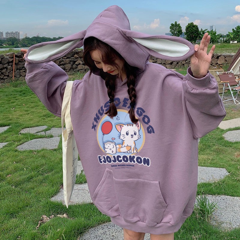 Áo hoodie tay dài không có túi nón có tai thỏ dài hình mèo ulzzang ( 2 màu )