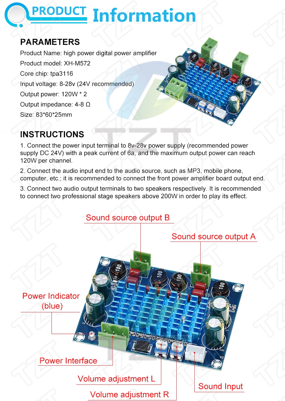 Bảng mạch khuếch đại công suất kỹ thuật số HIFI công suất cao 2 * 120W XH-M572 TPA3116D2 5V 24V 28V120W