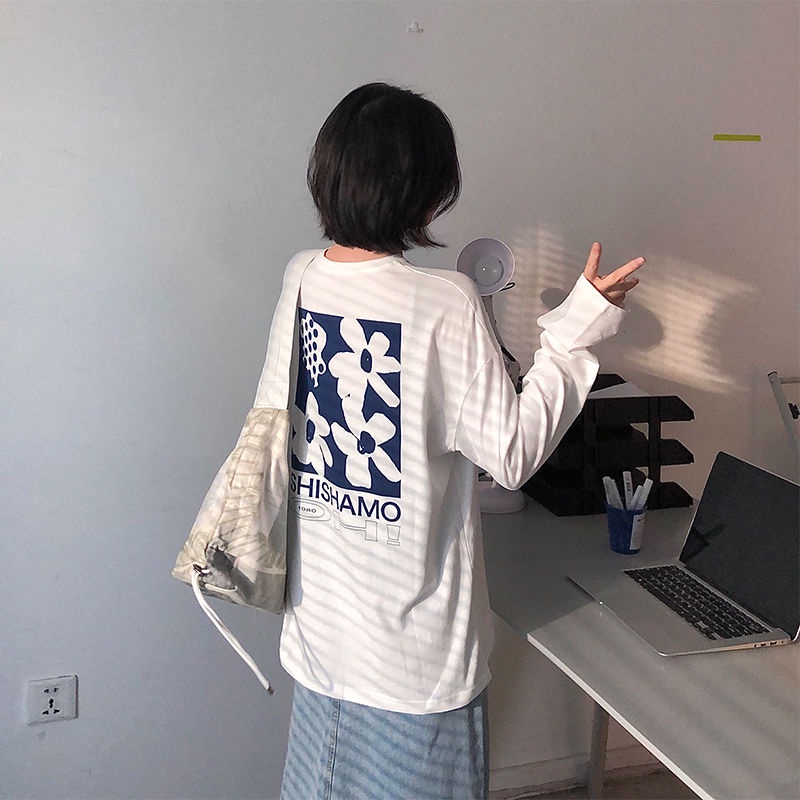 Áo Thun 100% Cotton Tay Dài Dáng Rộng In Họa Tiết Sau Lưng Thời Trang Cho Nữ