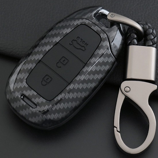 Ốp Chìa Khóa Carbon Xe Kona, Santafe, Accent - chìa 3 nút kèm móc treo