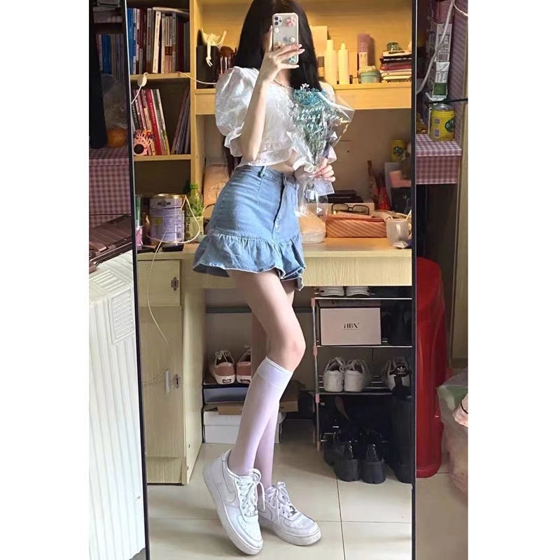 COZOK Chân váy jean Viền Bèo Lưng Cao Thời Trang