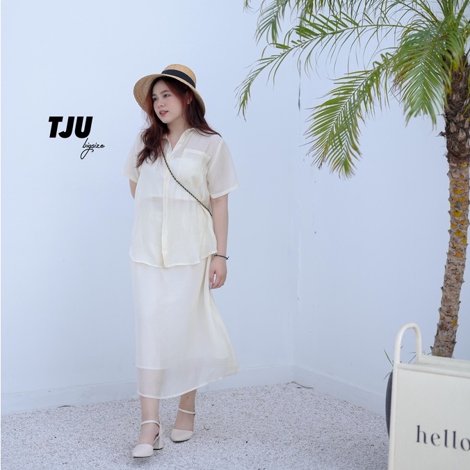 Set áo sơ mi, chân váy 2 lớp ⚡️𝐁𝐈𝐆𝐒𝐈𝐙𝐄⚡️ dài dáng chữ A chất tơ sang, mỏng, nhẹ, bay, nàng thơ JOY (TJU thiết kế)