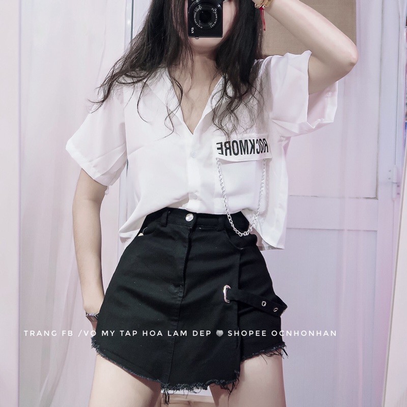 Set áo croptop sơmi phối chân váy quần đắp chéo