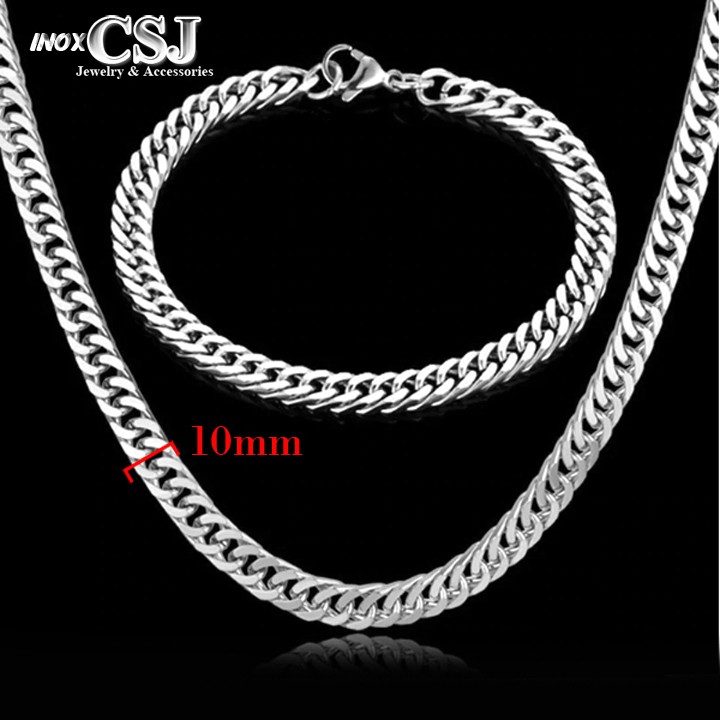 Combo dây chuyền và lắc tay inox kiểu lặc đôi 9mm đẹp, không đen, hợp thời trang thể hiện đẳng cấp phái mạnh