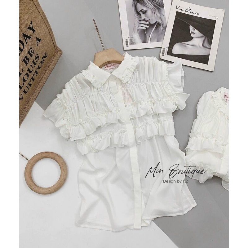 áo sơ mi bèo tầng cổ đức đính ngọc cộc tay