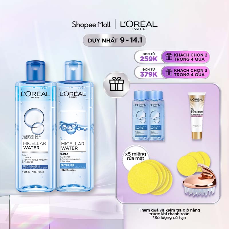 Bộ 2 nuớc tẩy trang đa năng 3in1 L'Oreal Paris Micellar Water 400ml x 2