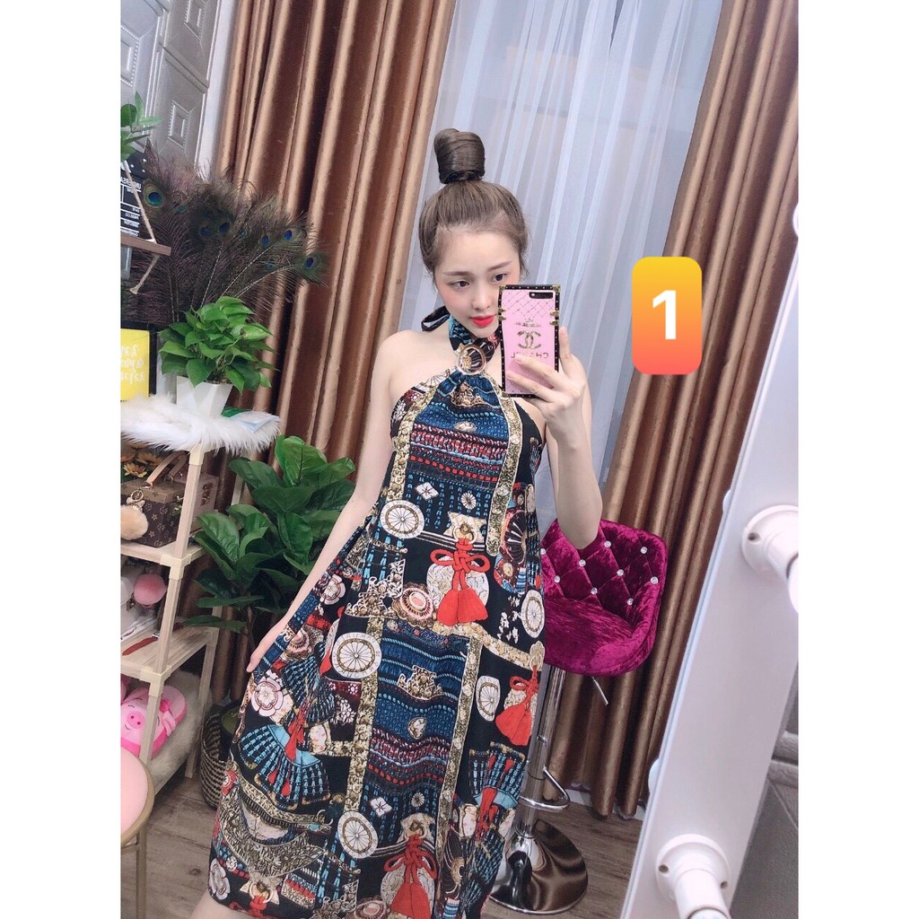Đầm thổ cẩm cổ yếm phối khoen tròn + Ảnh thậti