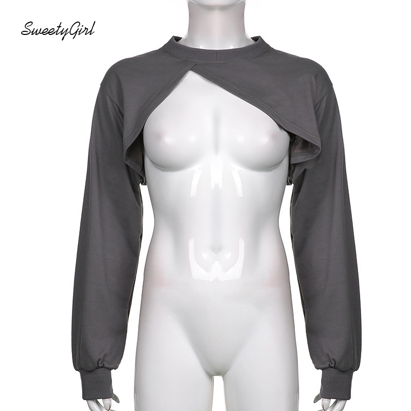 Áo croptop tay dài cổ tròn màu sắc tương phản thời trang cho nữ