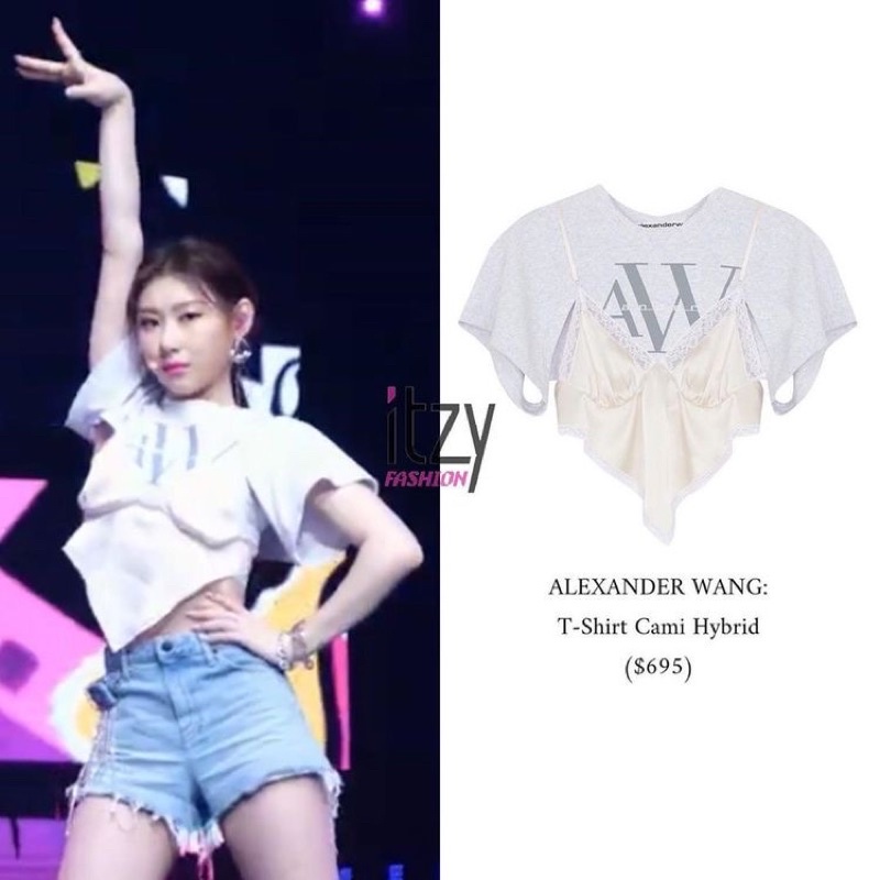 Set áo thun kèm áo hai dây và chân váy kẻ sọc Rosé Blackpink, Chaeryeong ITZY